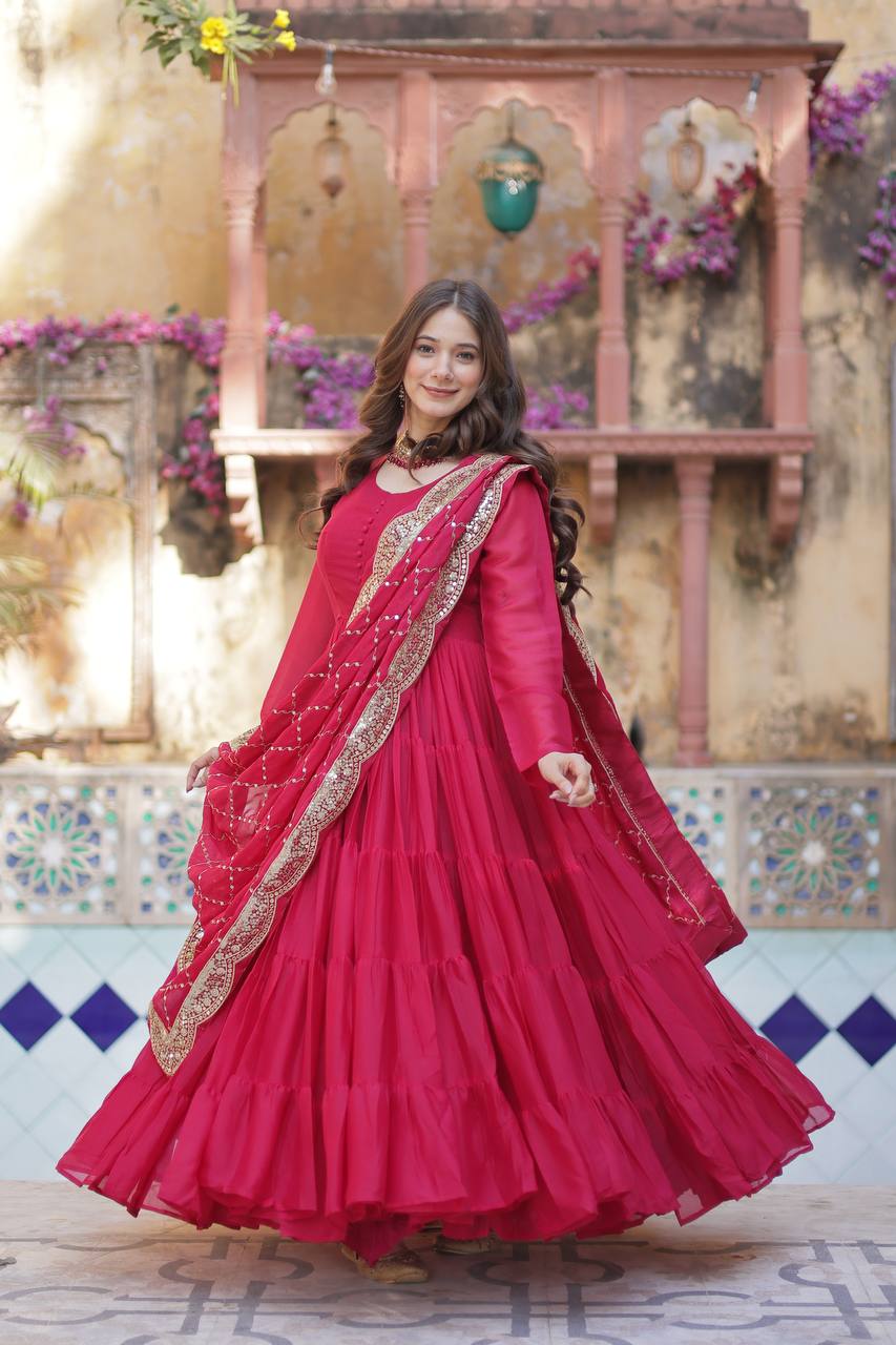 Rani Pink Premium Readymade Elegant Flair Gown with Designer Dupatta