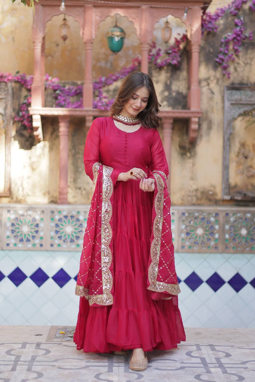 Rani Pink Premium Readymade Elegant Flair Gown with Designer Dupatta