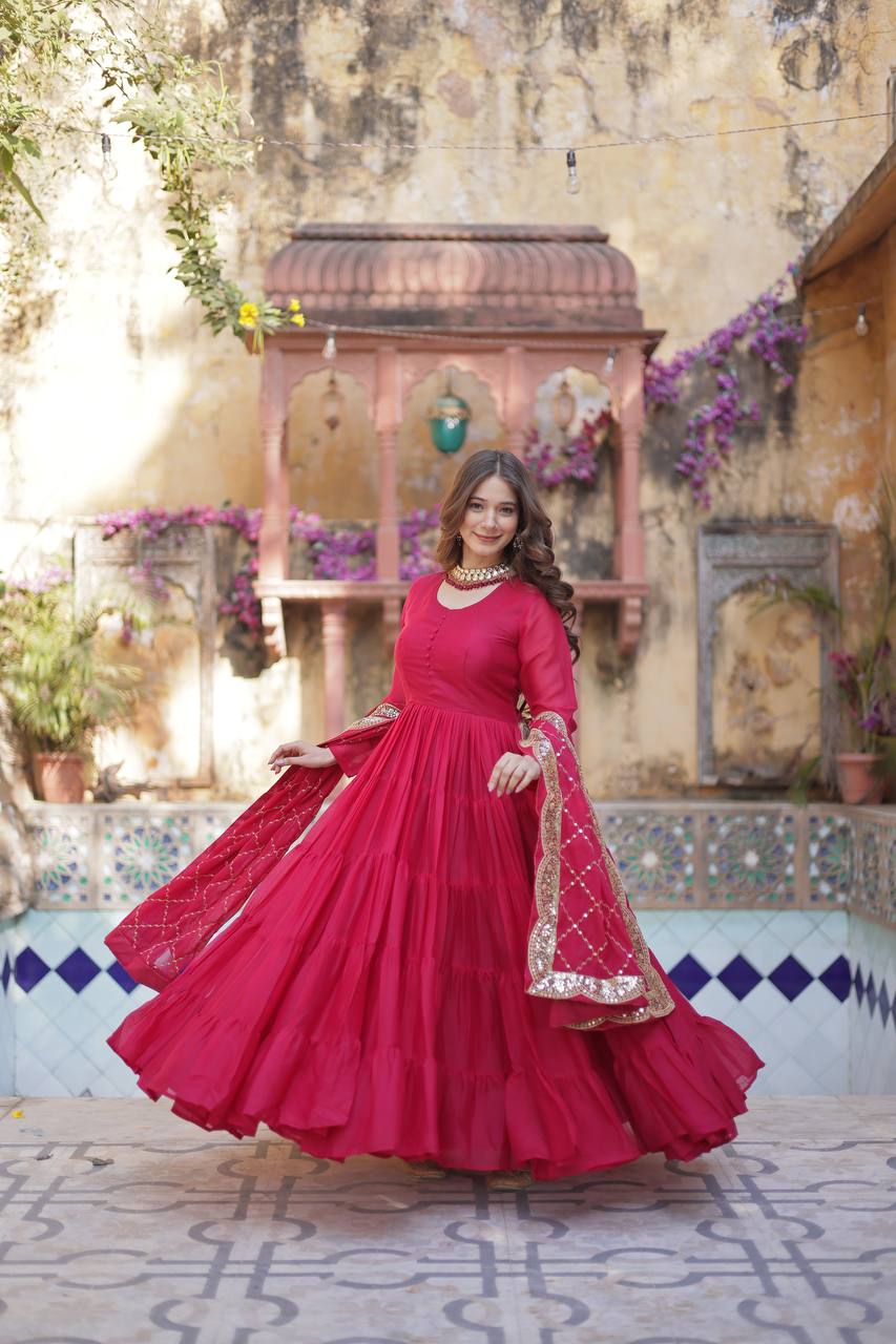 Rani Pink Premium Readymade Elegant Flair Gown with Designer Dupatta