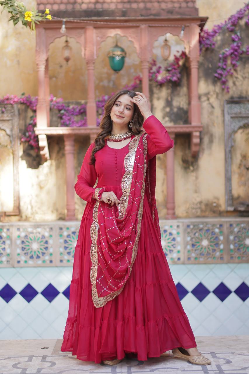 Rani Pink Premium Readymade Elegant Flair Gown with Designer Dupatta