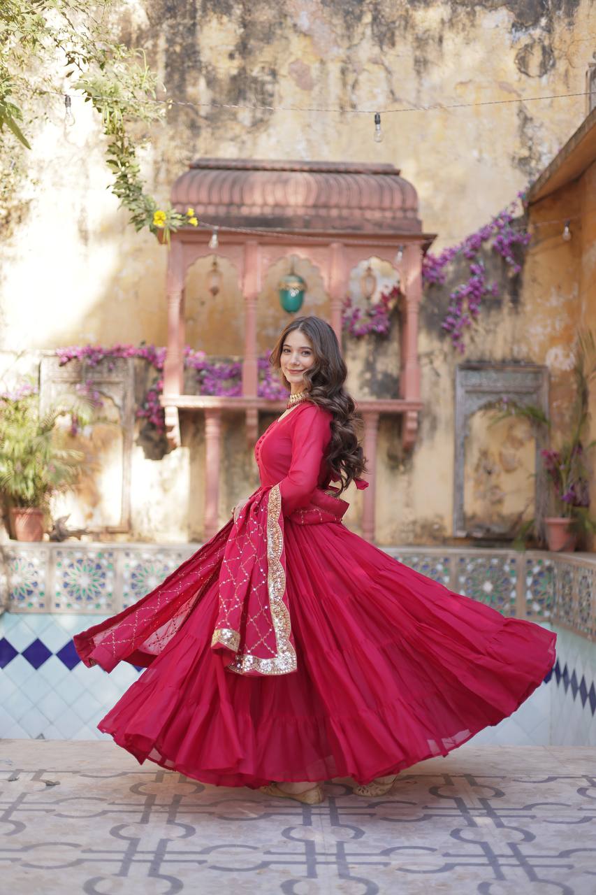 Rani Pink Premium Readymade Elegant Flair Gown with Designer Dupatta