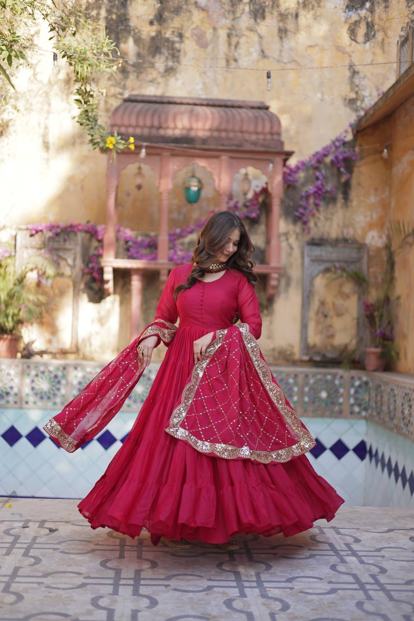 Rani Pink Premium Readymade Elegant Flair Gown with Designer Dupatta