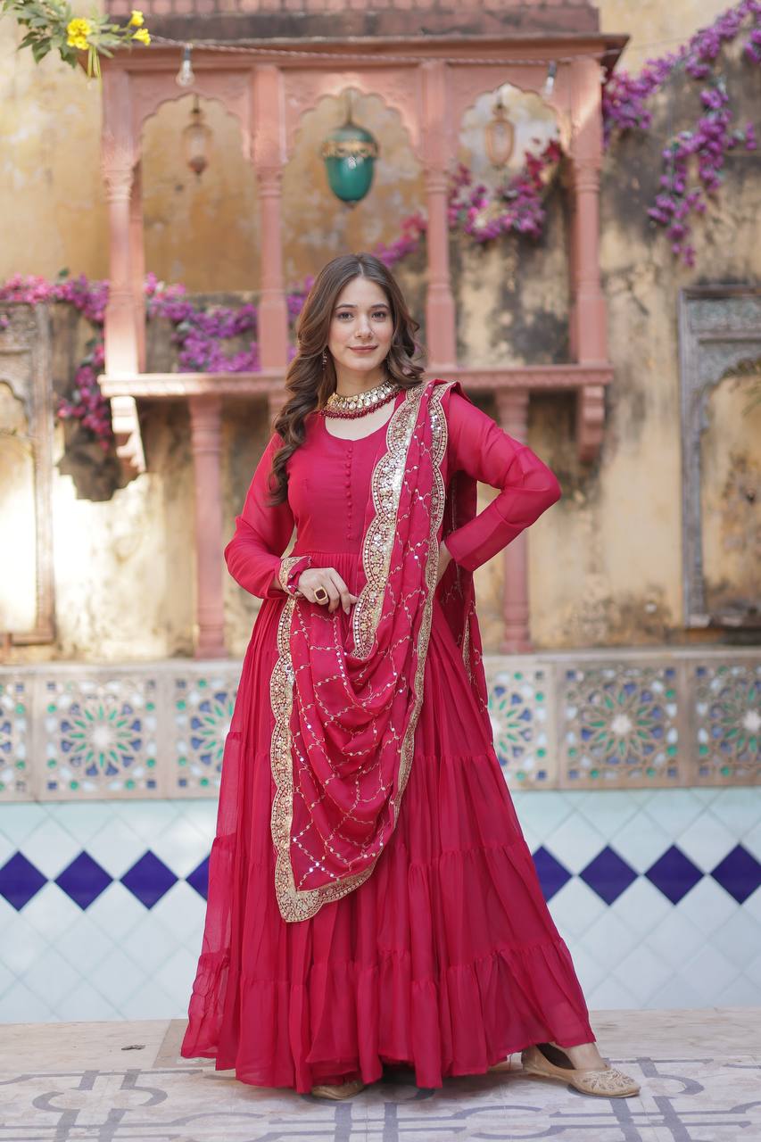 Rani Pink Premium Readymade Elegant Flair Gown with Designer Dupatta