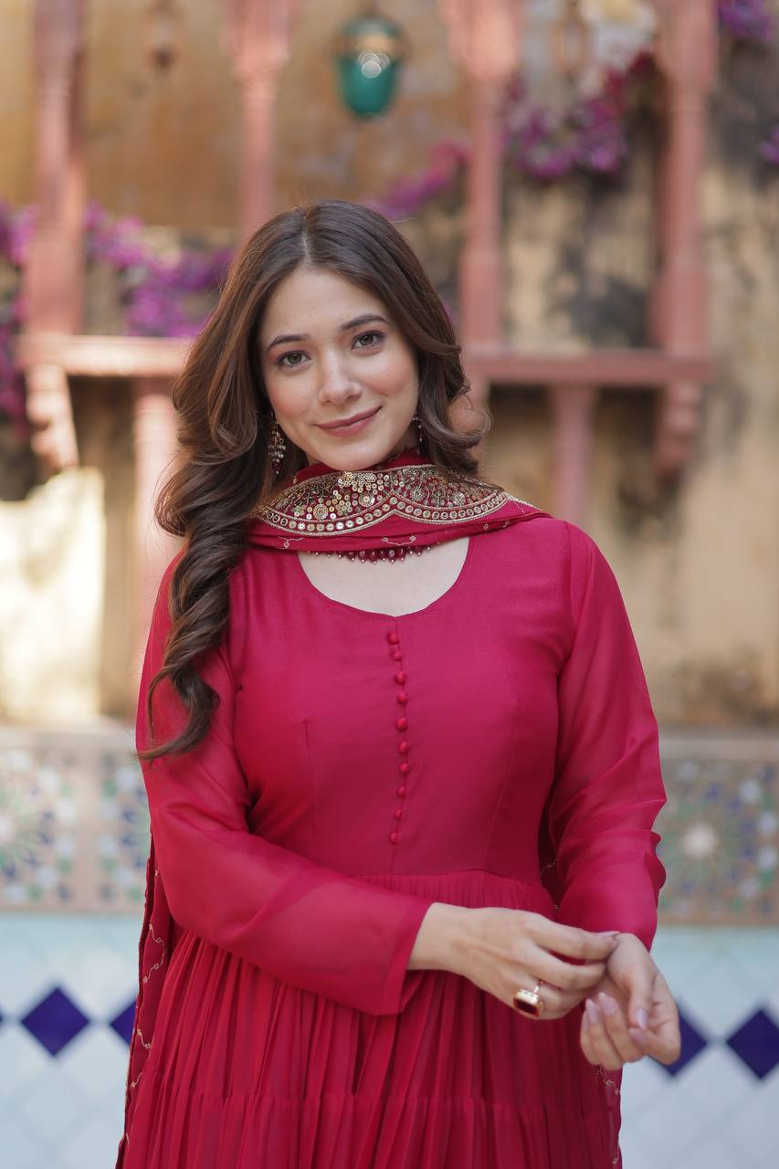 Rani Pink Premium Readymade Elegant Flair Gown with Designer Dupatta