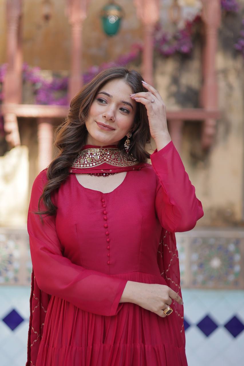 Rani Pink Premium Readymade Elegant Flair Gown with Designer Dupatta