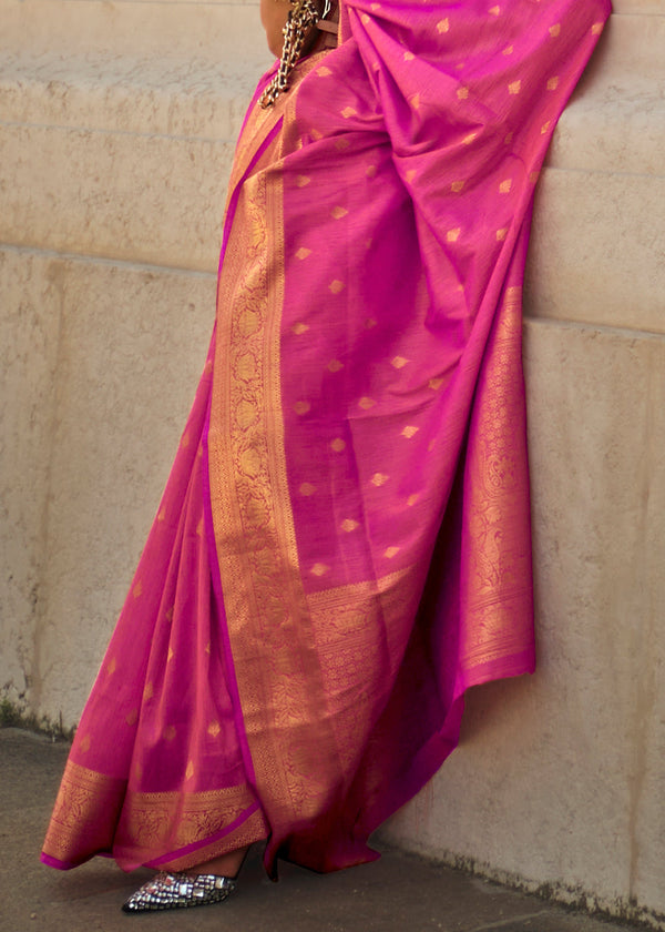 Rani Pink Regal Banarasi Blended Silk Saree with Intricate Timeless Design & Unstitched Blouse ClothsVilla