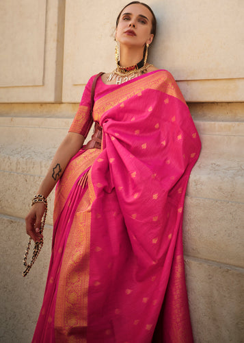 Rani Pink Regal Banarasi Blended Silk Saree with Intricate Timeless Design & Unstitched Blouse ClothsVilla