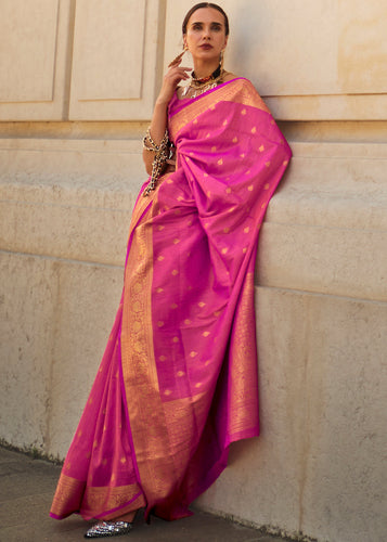 Rani Pink Regal Banarasi Blended Silk Saree with Intricate Timeless Design & Unstitched Blouse ClothsVilla