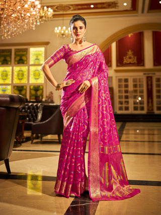 Rani Pink Regal Kanjeevaram Organza Saree with Zari Woven Border Clothsvilla