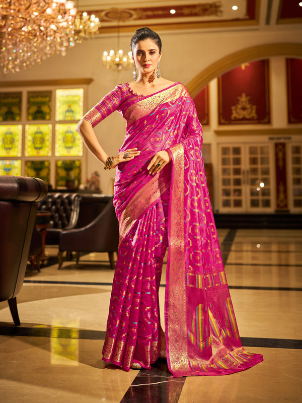 Rani Pink Regal Kanjeevaram Organza Saree with Zari Woven Border Clothsvilla
