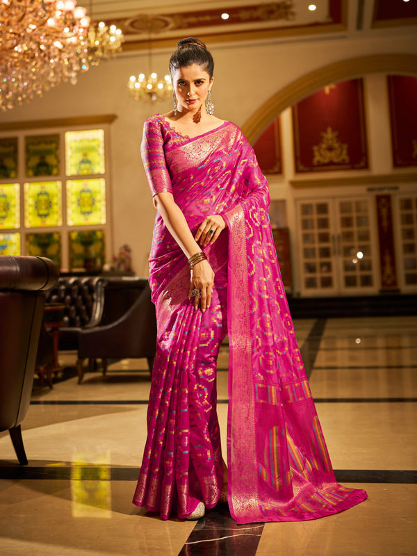 Rani Pink Regal Kanjeevaram Organza Saree with Zari Woven Border Clothsvilla