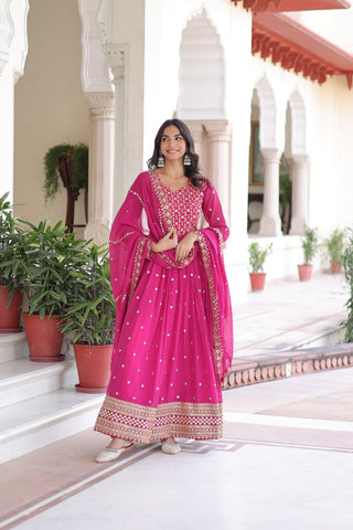 Rani Pink Rich Sequins & Zari Embroidered Faux Georgette Gown with Cut-Work Dupatta – Full Sleeves, Fancy V-Neck, Fully Stitched ClothsVilla