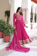 Load image into Gallery viewer, Rani Pink Rich Sequins &amp; Zari Embroidered Faux Georgette Gown with Cut-Work Dupatta – Full Sleeves, Fancy V-Neck, Fully Stitched ClothsVilla