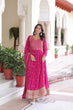Load image into Gallery viewer, Rani Pink Rich Sequins &amp; Zari Embroidered Faux Georgette Gown with Cut-Work Dupatta – Full Sleeves, Fancy V-Neck, Fully Stitched ClothsVilla