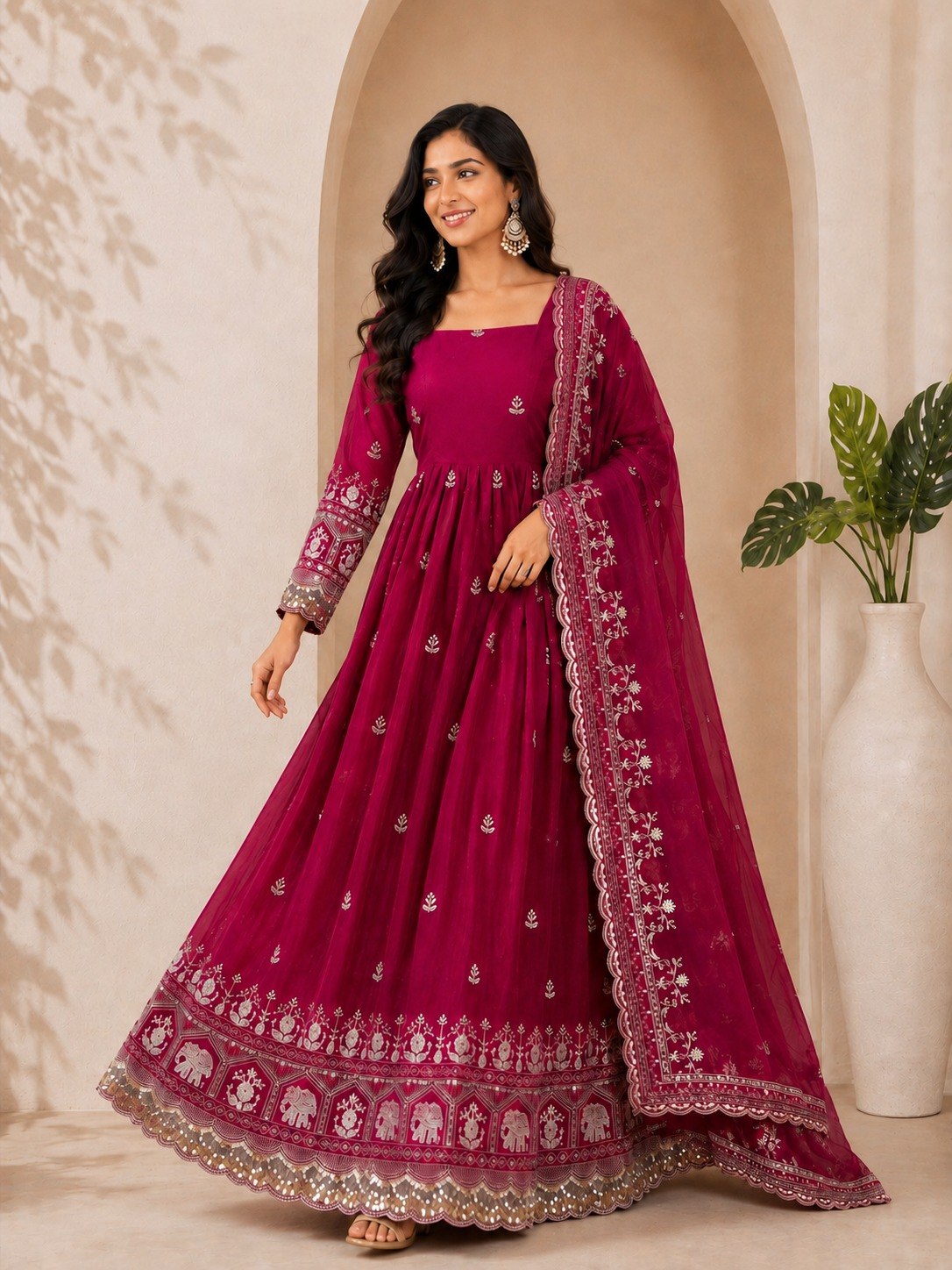 Rani Pink Satin Anarkali Gown ClothsVilla