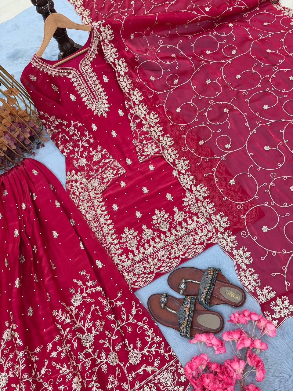 Rani Pink Silk Heavy Embroidered Kurta Palazzo Set with Dupatta Festive Wear ClothsVilla