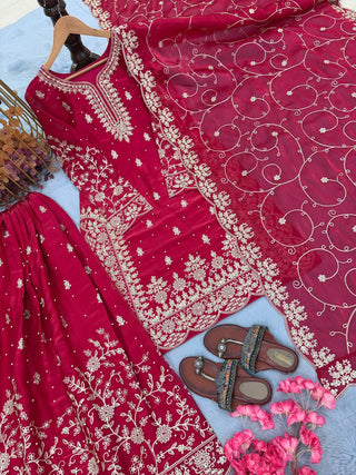 Rani Pink Silk Heavy Embroidered Kurta Palazzo Set with Dupatta Festive Wear ClothsVilla