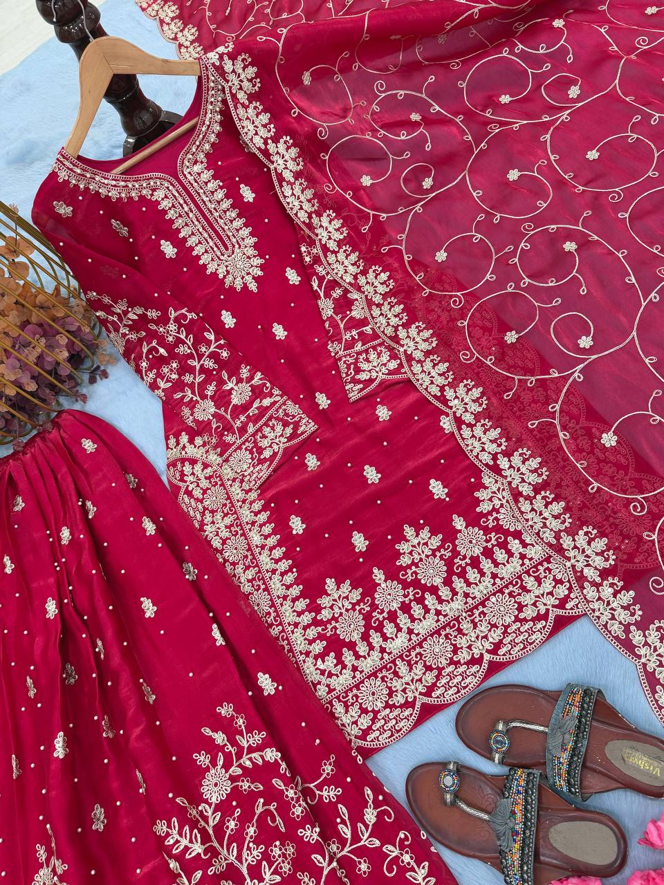Rani Pink Silk Heavy Embroidered Kurta Palazzo Set with Dupatta Festive Wear ClothsVilla