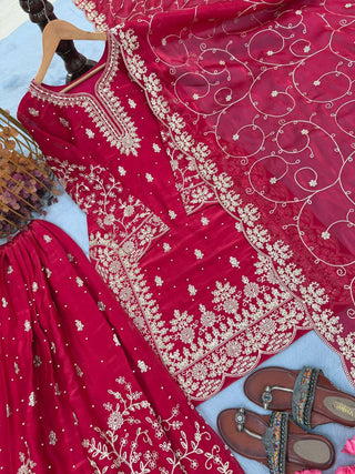 Rani Pink Silk Heavy Embroidered Kurta Palazzo Set with Dupatta Festive Wear ClothsVilla