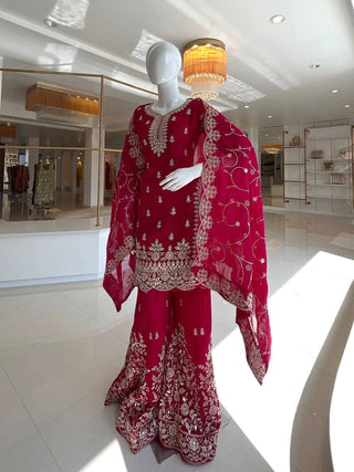 Rani Pink Silk Heavy Embroidered Kurta Palazzo Set with Dupatta Festive Wear ClothsVilla