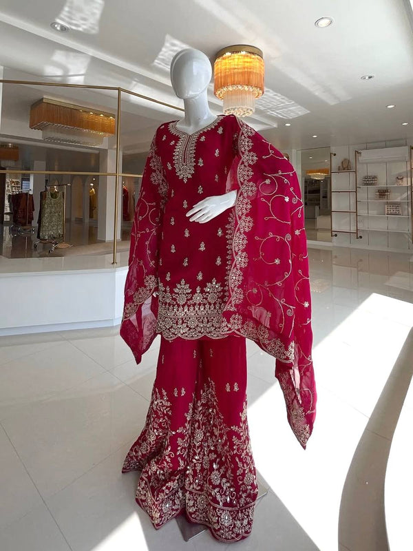 Rani Pink Silk Heavy Embroidered Kurta Palazzo Set with Dupatta Festive Wear ClothsVilla