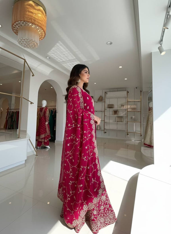 Rani Pink Silk Heavy Embroidered Kurta Palazzo Set with Dupatta Festive Wear ClothsVilla