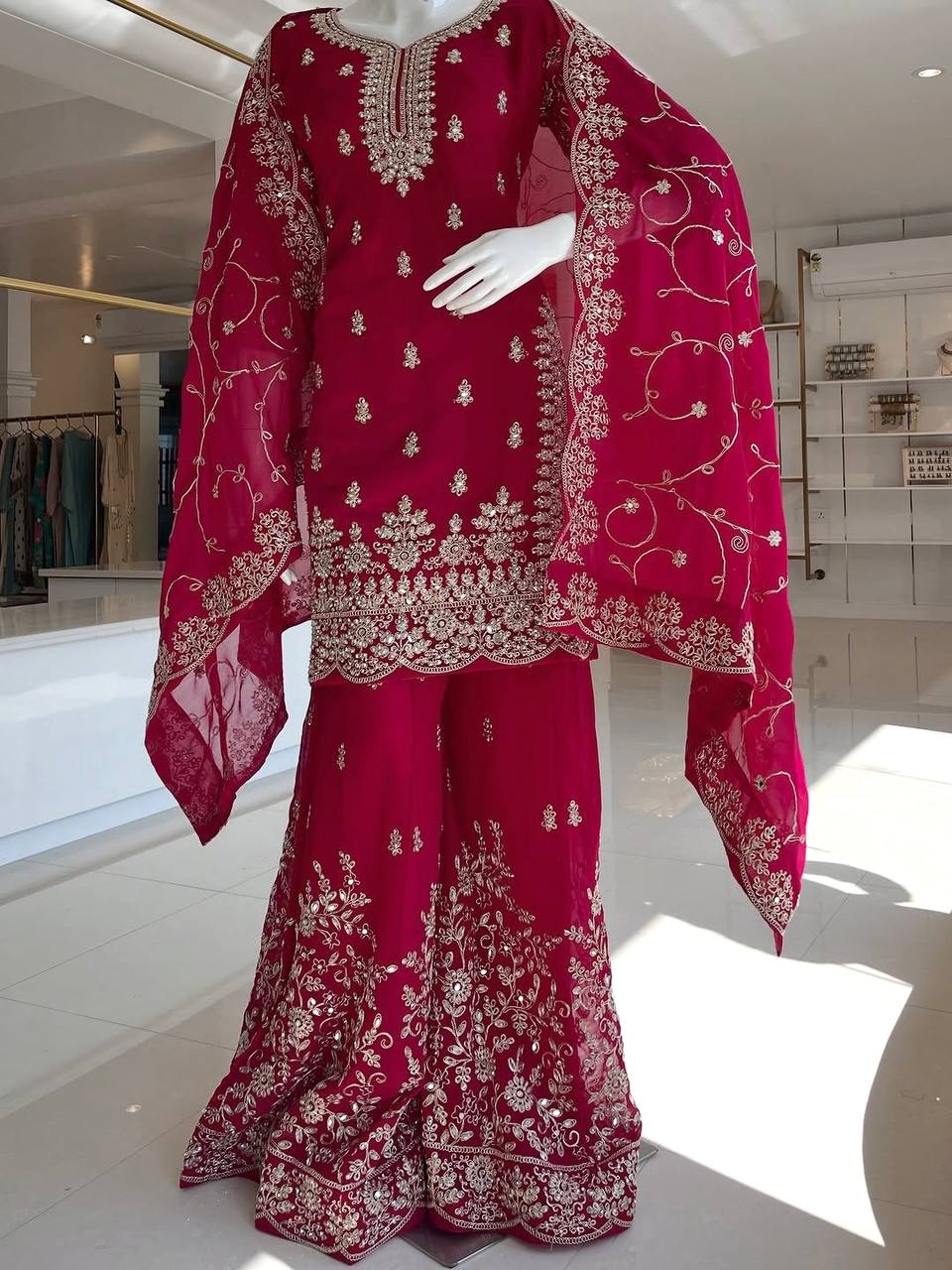 Rani Pink Silk Heavy Embroidered Kurta Palazzo Set with Dupatta Festive Wear ClothsVilla