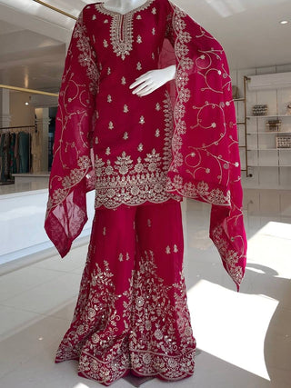 Rani Pink Silk Heavy Embroidered Kurta Palazzo Set with Dupatta Festive Wear ClothsVilla