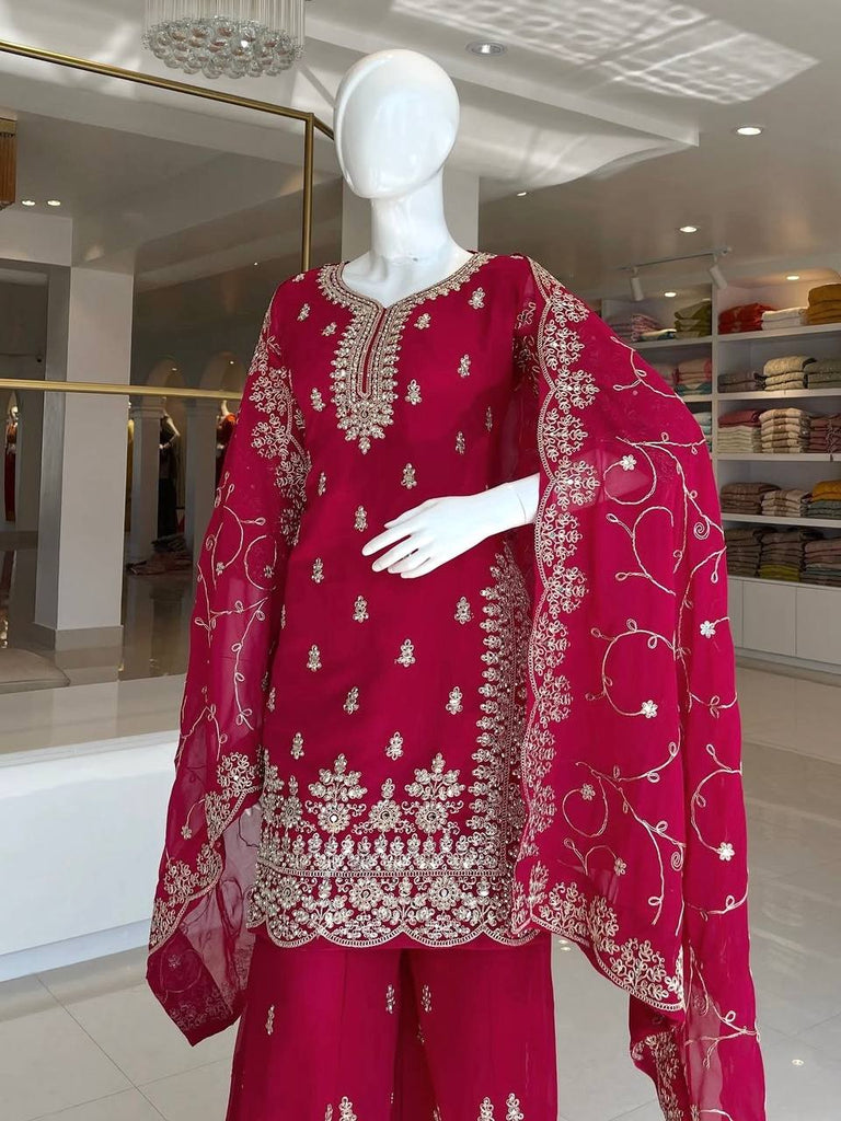 Rani Pink Silk Heavy Embroidered Kurta Palazzo Set with Dupatta Festive Wear ClothsVilla