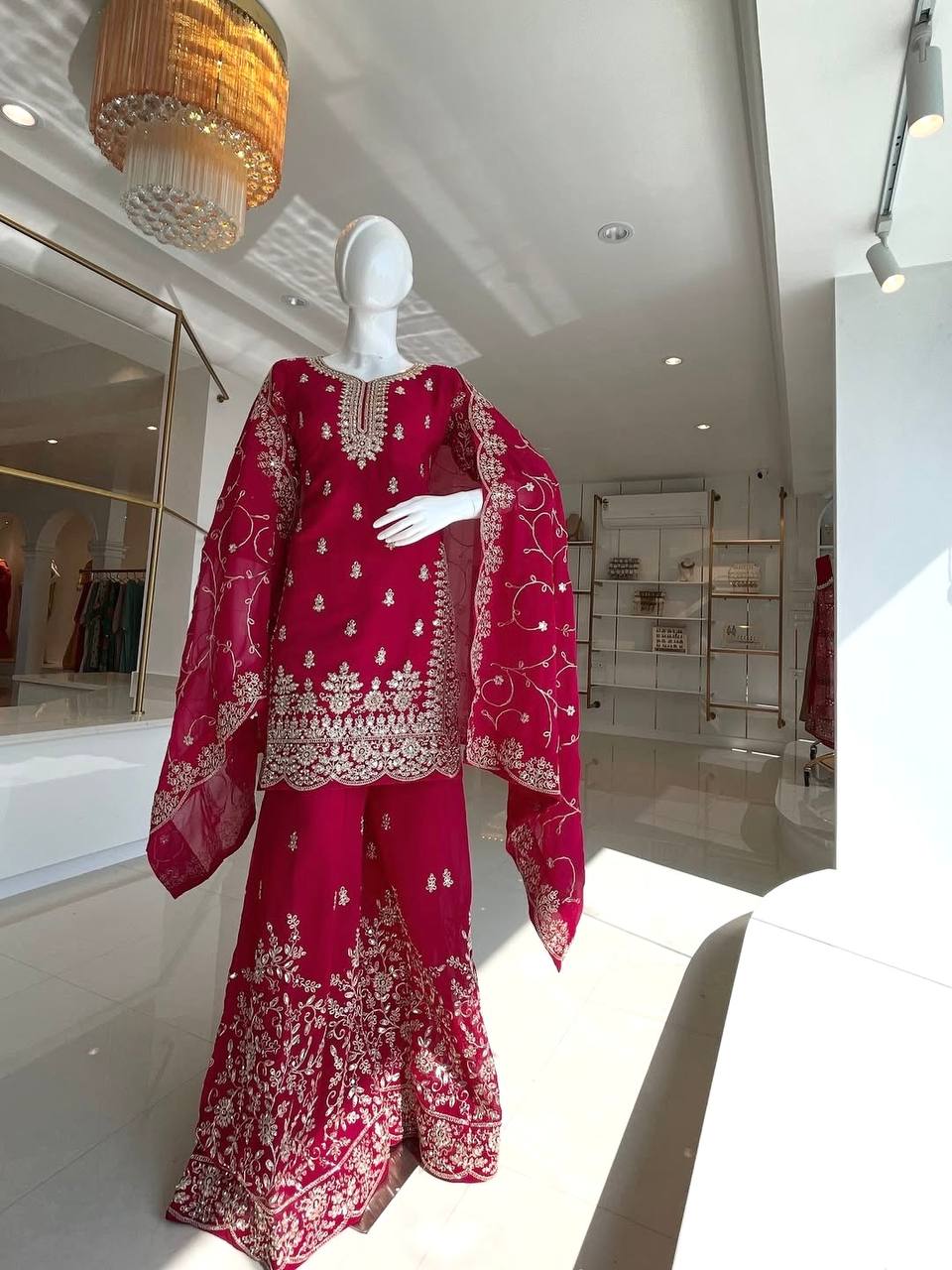 Rani Pink Silk Heavy Embroidered Kurta Palazzo Set with Dupatta Festive Wear ClothsVilla
