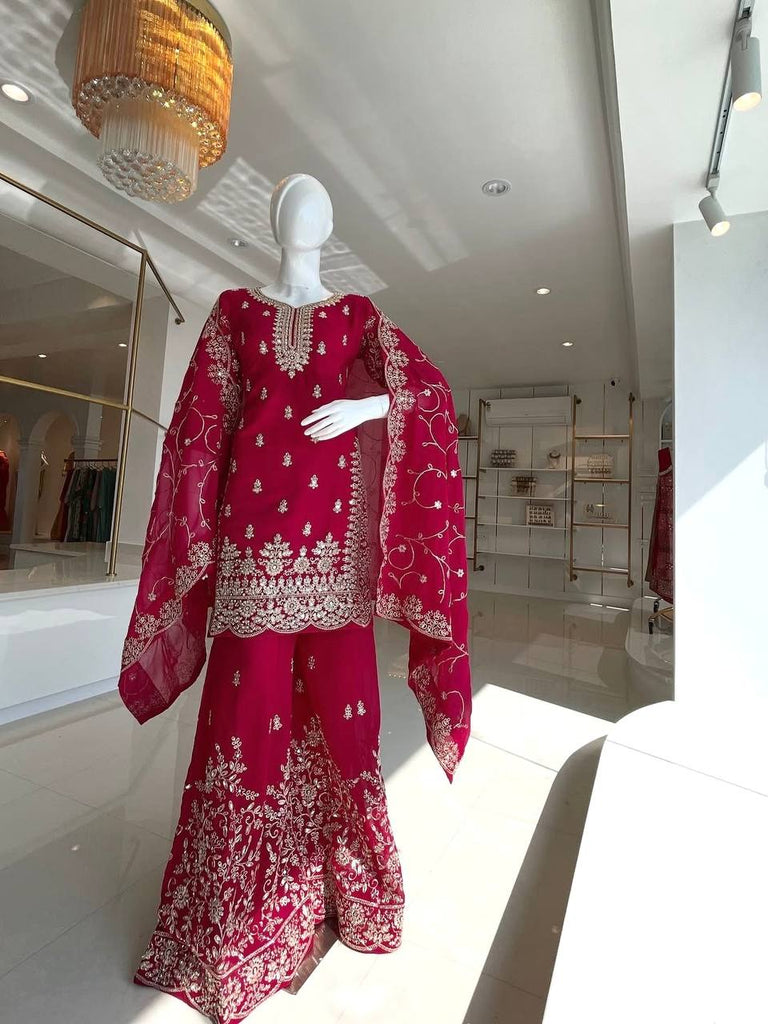 Rani Pink Silk Heavy Embroidered Kurta Palazzo Set with Dupatta Festive Wear ClothsVilla