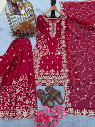 Rani Pink Silk Heavy Embroidered Kurta Palazzo Set with Dupatta Festive Wear ClothsVilla