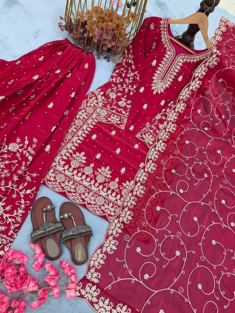 Rani Pink Silk Heavy Embroidered Kurta Palazzo Set with Dupatta Festive Wear ClothsVilla