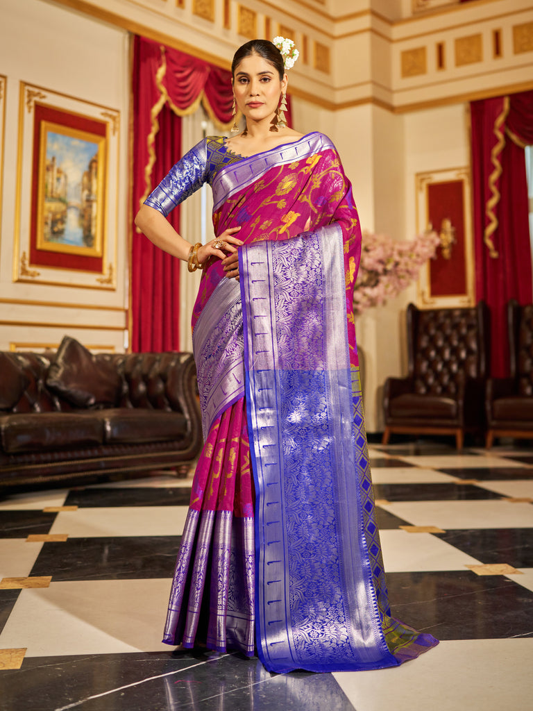 Rani Pink Soft Cotton Saree with Woven Design ClothsVilla