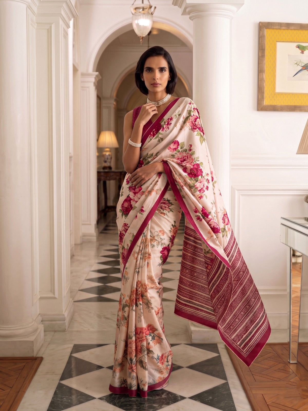 Rani Pink Tasar Silk Floral Print Saree ClothsVilla
