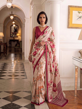 Rani Pink Tasar Silk Floral Print Saree ClothsVilla