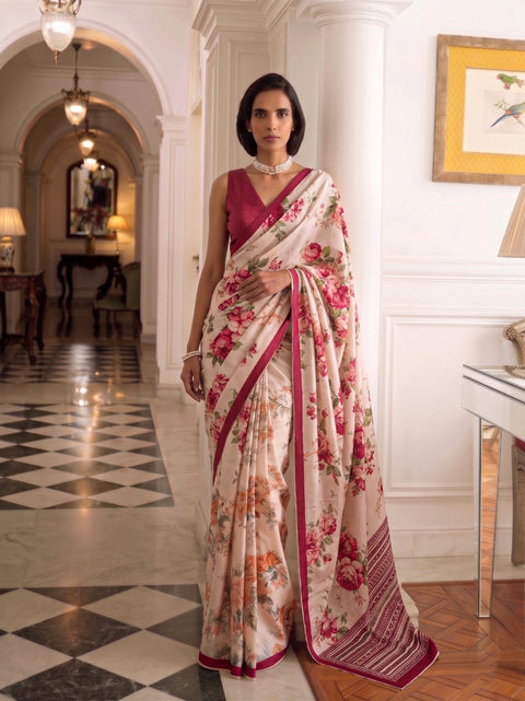 Rani Pink Tasar Silk Floral Print Saree ClothsVilla Main image