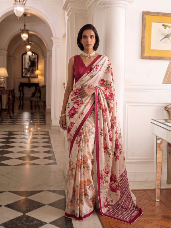 Rani Pink Tasar Silk Floral Print Saree ClothsVilla