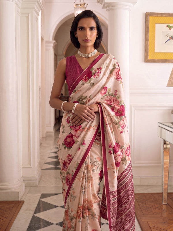 Rani Pink Tasar Silk Floral Print Saree ClothsVilla