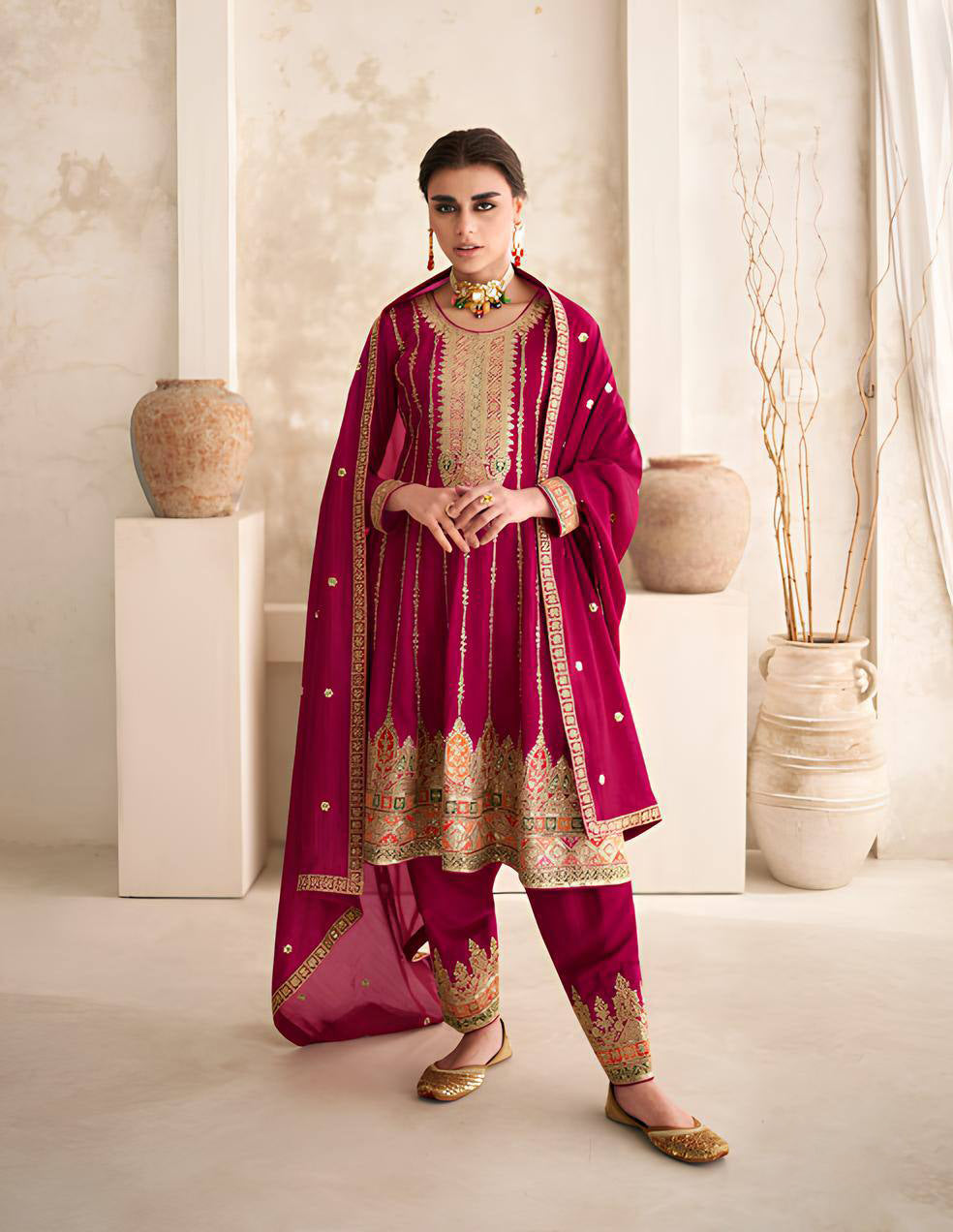Rani Pink Vichitra Embroidered Salwar Suit with Dupatta ClothsVilla Main image