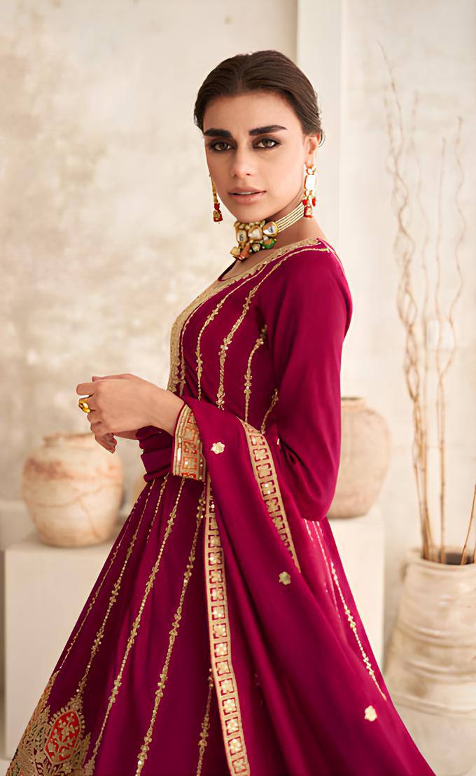 Rani Pink Vichitra Embroidered Salwar Suit with Dupatta ClothsVilla
