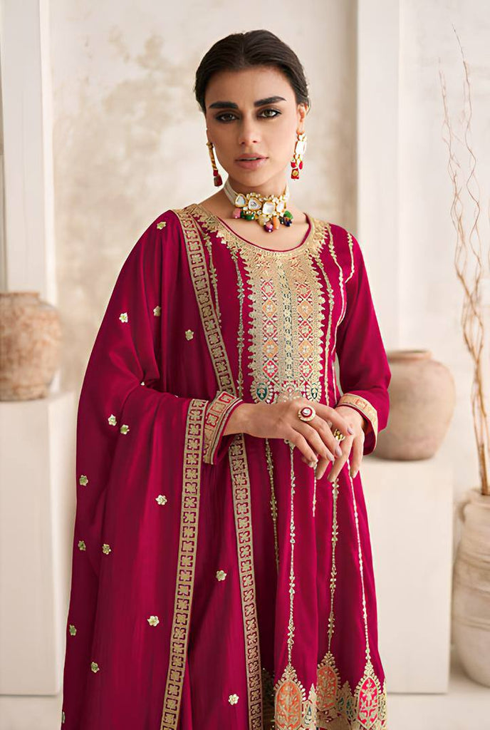 Rani Pink Vichitra Embroidered Salwar Suit with Dupatta ClothsVilla