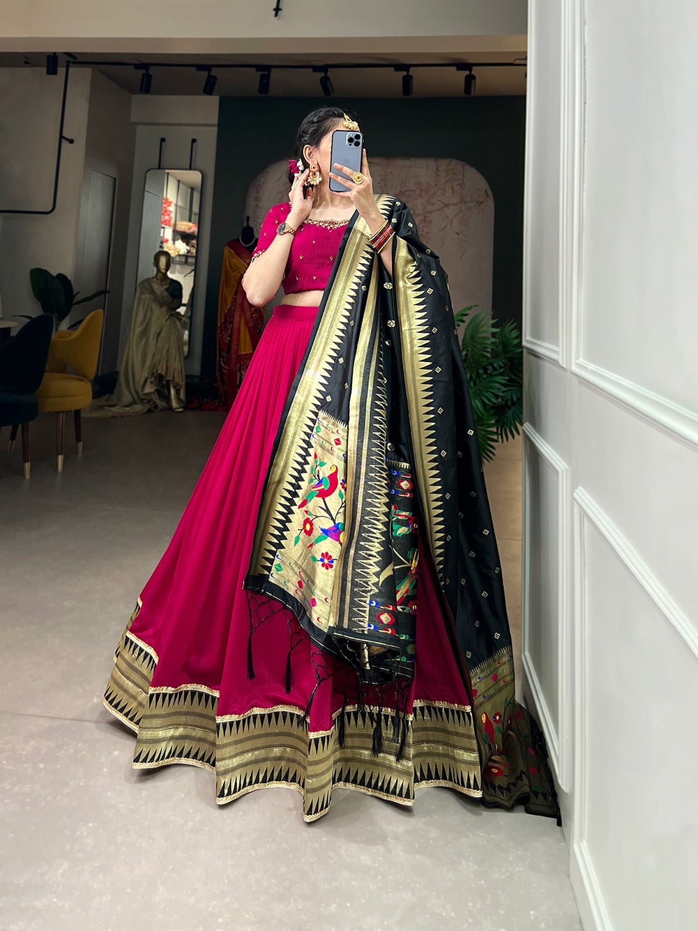 Rani Pink Vichitra Silk Lehenga Choli with Paithani Lace and Zari Dupatta ClothsVilla Main image