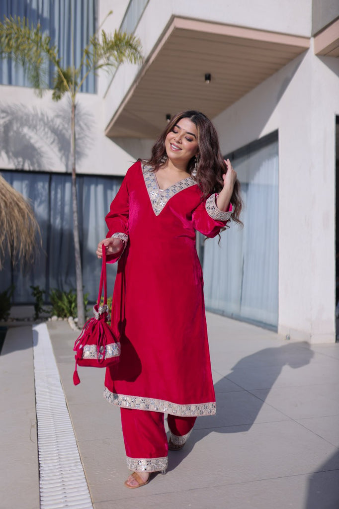 Rani Pink Zari & Real Mirror Work Kurta Pant Set with Batwa Clothsvilla