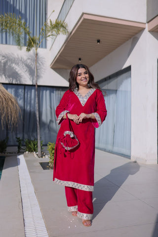 Rani Pink Zari & Real Mirror Work Kurta Pant Set with Batwa Clothsvilla