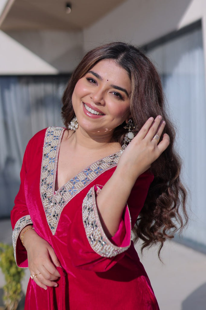 Rani Pink Zari & Real Mirror Work Kurta Pant Set with Batwa Clothsvilla