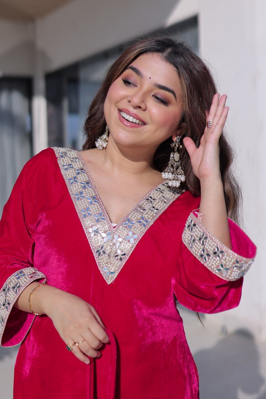 Rani Pink Zari & Real Mirror Work Kurta Pant Set with Batwa Clothsvilla