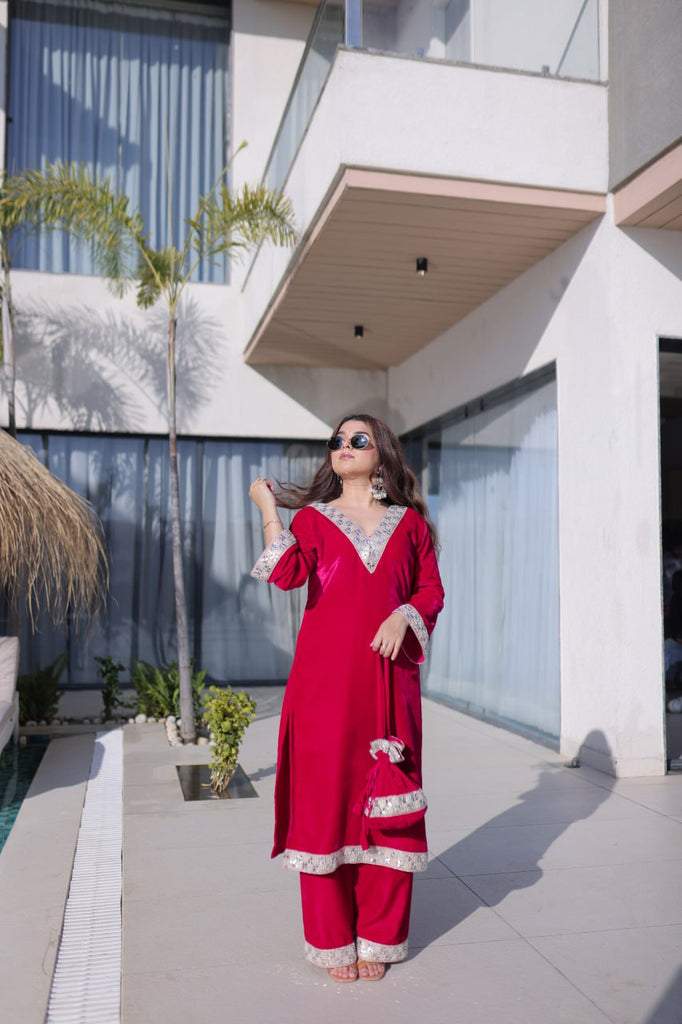 Rani Pink Zari & Real Mirror Work Kurta Pant Set with Batwa Clothsvilla