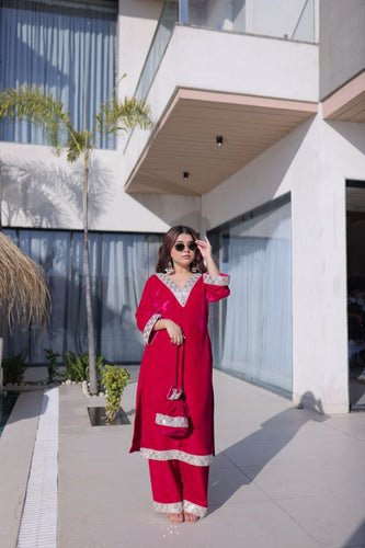 Rani Pink Zari & Real Mirror Work Kurta Pant Set with Batwa Clothsvilla