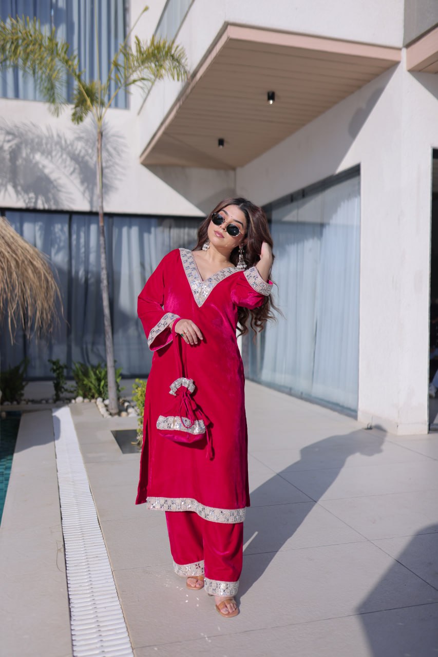 Rani Pink Zari & Real Mirror Work Kurta Pant Set with Batwa Clothsvilla